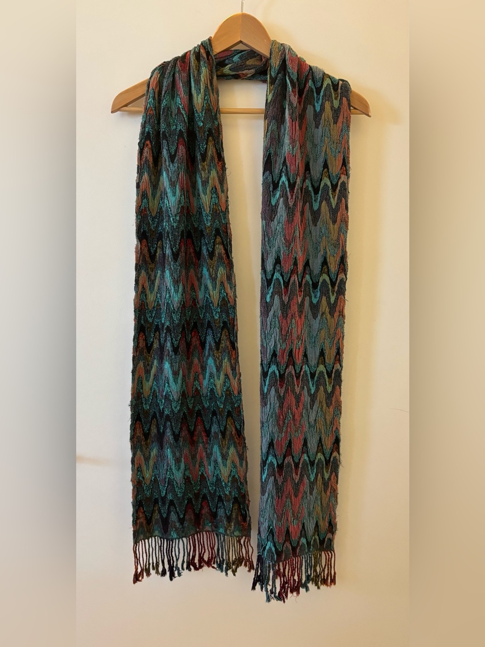 Multicolour Zigzag Chevron Textured Knit Scarf Fringe Boho